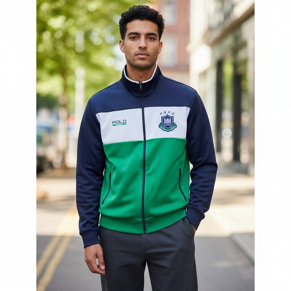 VTG Polo Sport Ralph Lauren Mens Track Jacket Green Navy White ThermoVent Large